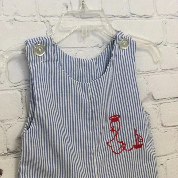 Royal Heir 12M Blue Pinstripe Duck and Boat Overall Shorts Romper for Boys - Picture 2 of 7